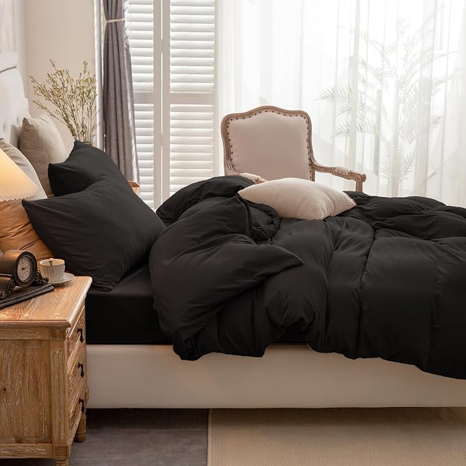 PURE ERA Jersey Knit Sheet Set Solid Black Full | 100% Cotton, 3 Piece Set, T Shirt Soft, Breathable, Envelope Closure Pillowcases, Hidden Zipper, 8 Ties, No Insert, Modern