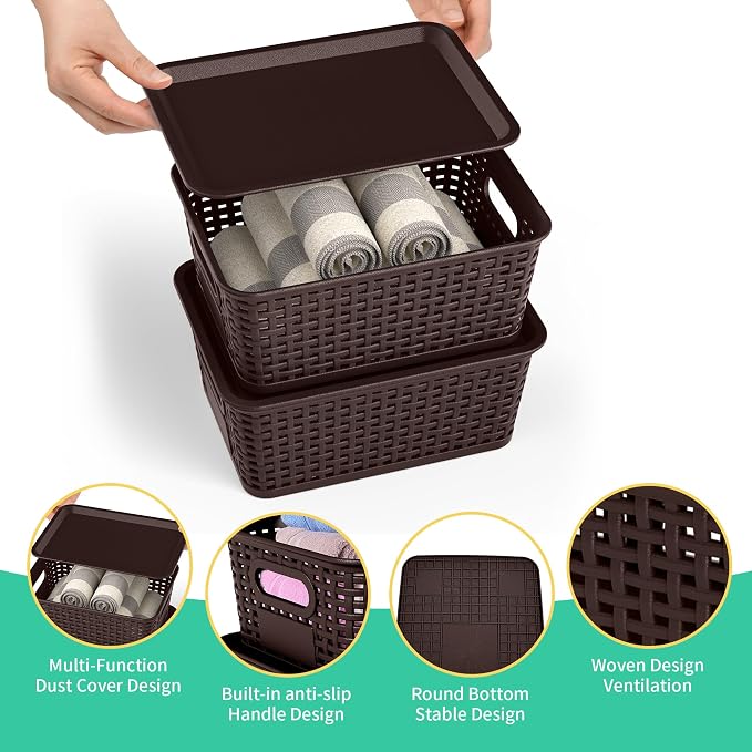 8 Pack Plastic Storage Baskets,Brown Stackable Bins with Lid | 5.3qt Storage Containers with Labels for Organizing Shelves Drawers Desktop Closet Playroom Classroom Office