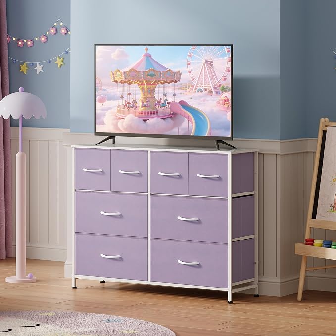 WLIVE Wide Dresser for Bedroom, 8 Drawer Chest of Drawers, Purple | 8 roomy fabric drawers, Wide storage design, Bedroom or closet use, Sturdy steel frame, Smooth wood tabletop