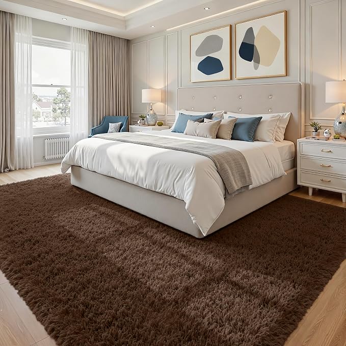 8x10 Fluffy Shag Area Rugs for Living Room Bedroom: Soft Plush Carpet Brown | Upgraded Non-Slip Thick Memory Foam, Ultra Soft, Non-Shedding Fuzzy Carpet, Easy Clean Decor for Kids Room, Nursery, Playroom