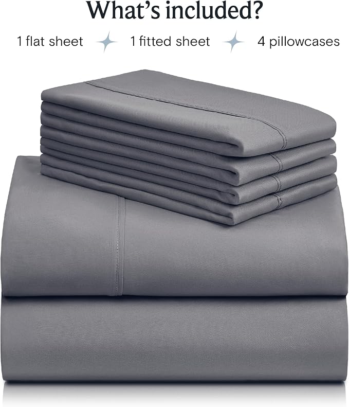 LuxClub 4 PC Queen Sheet Set, Bed Sheets Queen Size, Deep Pockets 18" Wrinkle Free Cooling Bed Sheets Machine Washable Hotel Bedding Silky Soft - Light Grey Queen | LuxClub Silky Fitted Sheet & Pillowcase Sets, Breathable Comfortable Hotel Luxury Beddi...