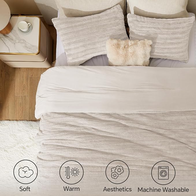 BEDELITE Faux Fur King Size Comforter Set, Fluffy Bed Set, Linen | Super Soft & Warm, Luxury Fuzzy Cozy Comforter for Winter, Heavy Plush Bed set, with 2 Pillowcases