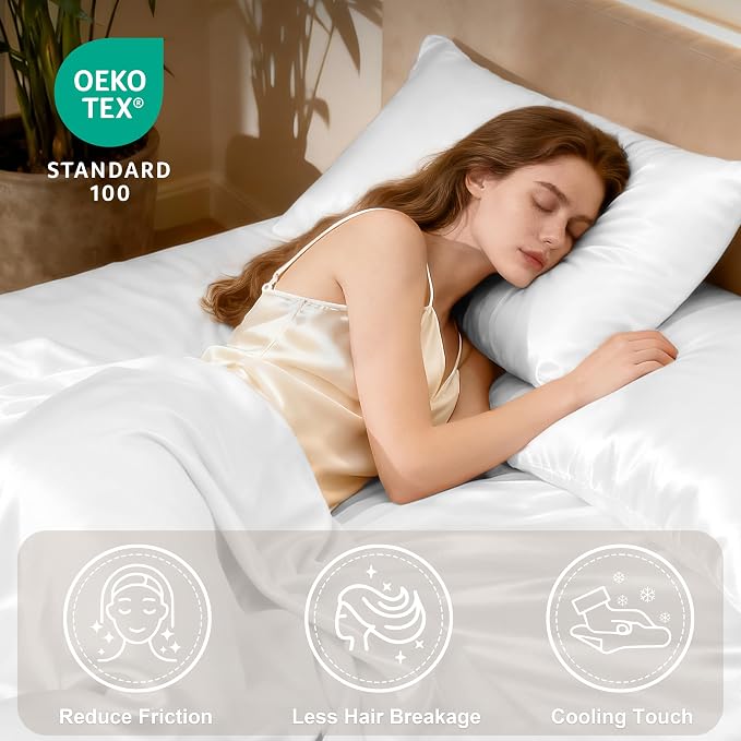 Love's cabin Full Size Satin Sheet Sets - 4 Piece White Silky Satin Sheet Set Full with Deep Pocket, Luxury Silk Feel Satin Bed Sheets Full Bedding Set (1 Flat Sheet,1 Fitted Sheet,2 Pillow Cases)