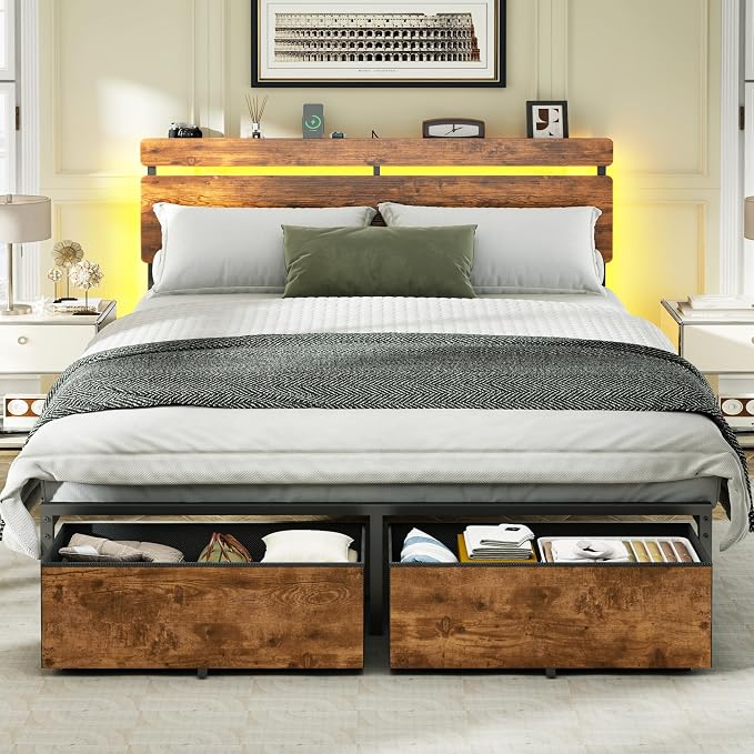 Forestell Queen Bed Frame with Wood Headboard,2 Storage Drawers & Shelf | Built-in Charging Station & LED Lights, Metal Support, No Box Spring Needed, noise-free, easy assembly, Smart RGB, USB+Type-C