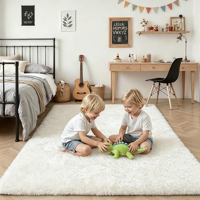8x10 Area Rug Living Room Bedroom: Fluffy Plush Shag Carpet Ivory | For Kids Room Playroom Nursery Home Decor,Ultra Soft,Non-Slip Non-Shedding,Fuzzy Plush,Large Indoor Floor Carpet,Easy Clean
