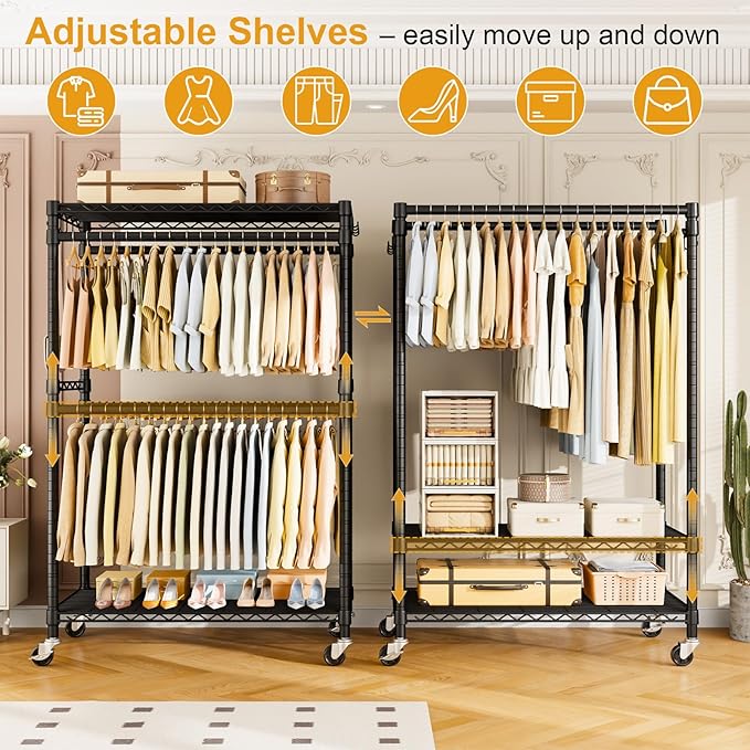 Rolling Clothes Rack, Clothing Racks for Hanging Clothes, Black | P4 Plus Heavy Duty Garment Rack with Wheels, Free Standing Portable Closet Racks 45''W × 20.5''D × 80.5''H, Max Load 570 Lbs