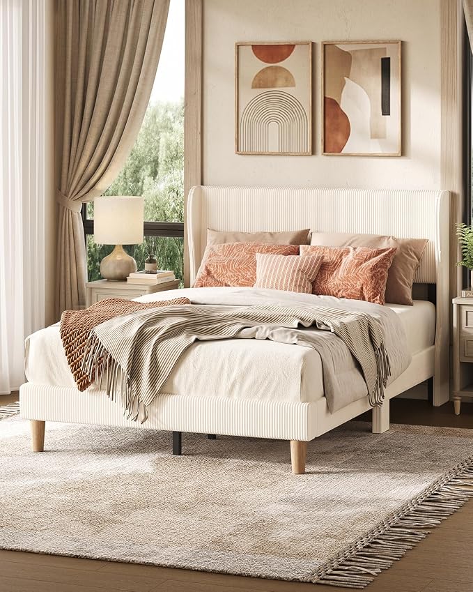 Bestier Full Bed Frame with Wingback Headboard,Upholstered,Beige | No Box Spring Needed,Easy Assembly,Wingback Headboard,No Squeaks,Vertical Channel Corduroy Upholstered,Wooden Slats Support
