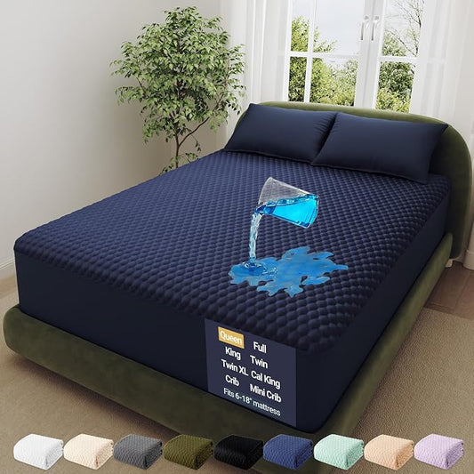 OhGeni 100% Waterproof Mattress Protector,Queen Size Mattress Soft Pad,Pet Hair & Bedwetting Resistant,Cooling Breathable Fitted Sheets,Washable Bed Cover Over 99 pcs Hex Filled Bumps,Navy Blue
