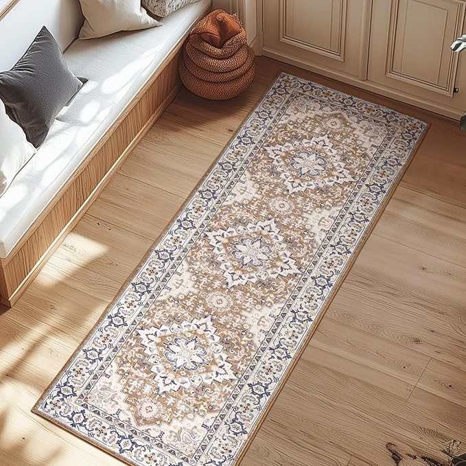 Runner Rug 2.6 x 8 for Hallway, Washable Entryway Rugs Brown Beige | Boho Faux Wool Low Pile Long Rug for Kitchen Bedroom, Floral Medallion Vintage Carpets with Non-Slip Rubber, Kid Pet Friendly