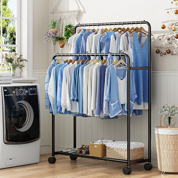 Simple Trending Clothing Clothes Rack, Double Rod Garment Rack, Black | Portable Closet with Bottom Shelf, Anti-Slip Stoppers, 360° Lockable Wheels, Multiple Uses, Bedroom, Laundry Room