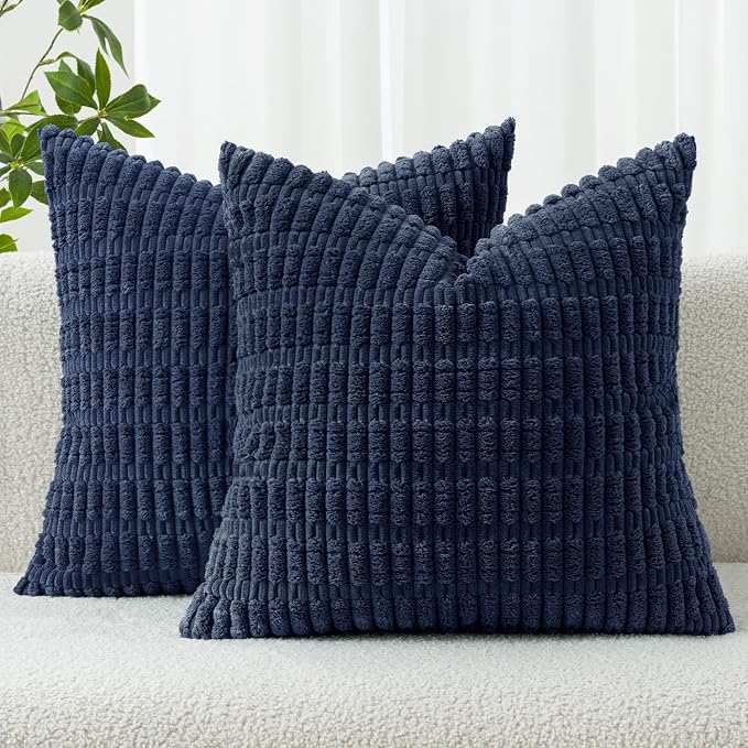MIULEE Corduroy Decorative Throw Pillow Covers 20x20 Navy Blue Pack of 2 | Soft Boho Striped Pillow Covers Modern Farmhouse Coastal Home Decor For Sofa Living Room Couch Bed