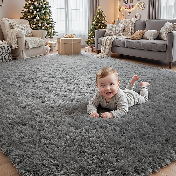 4x6 Fluffy Shag Area Rugs for Living Room Bedroom: Soft Carpet Light Gray | Upgraded Non-Slip Thick Memory Foam, Ultra Soft, Non-Shedding Fuzzy Carpet, Easy Clean Decor for Kids Room, Nursery, Playroom