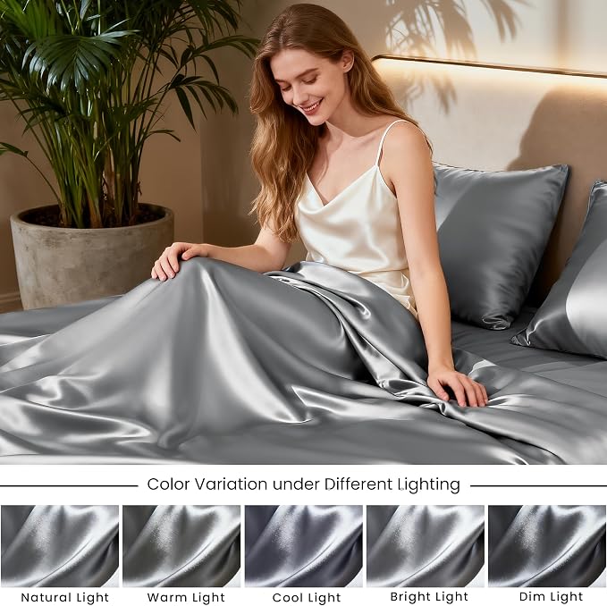 Love's cabin California King Satin Sheet Sets - 4 Piece Dark Grey Silky Sheets Bed Set with Deep Pocket, Luxury Silk Feel Satin Cal King Sheet Set (1 Flat Sheet,1 Fitted Sheet,2 Pillow Cases)