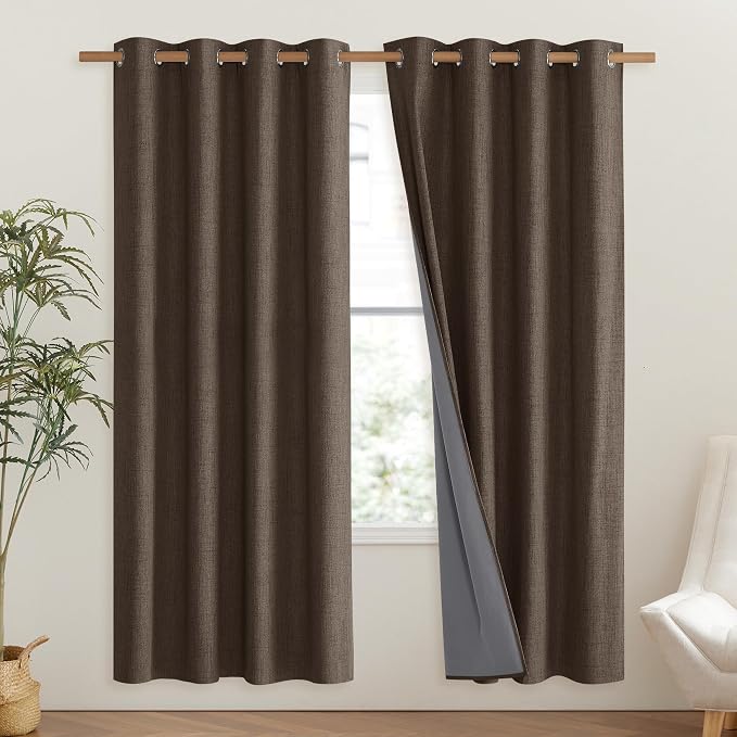 NICETOWN Coffee Vintage Linen 100% Blackout Curtains for Living Room, Thermal Insulated Curtains 72" Long, Noise Reducing Window Treatment Drapes for Hall Room, 52" Wide Per Panel, Set of 2