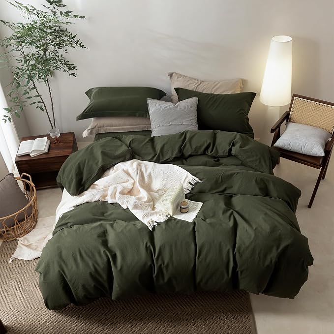 BDEAR 3Pcs Olive Green Duvet Cover Set Queen Size 90" L x 90" W,Oeko TEX | 100% Washed Cotton, 1 Duvet Cover with 2 Pillowcases, Zipper Closure, 8 Corner Ties,Linen-Liked Texture, Skin Friendly