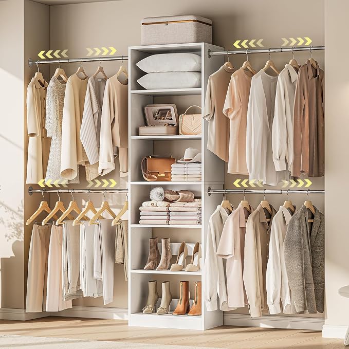 ONBRILL W1 3.5FT-7.7FT Closet System with 4 Chrome-Plated Telescopic Rods | Modular Closet Organizer System with 6 Adjustable Shelves, Custom Wood Walk-In & Reach-In Closet Organizer, Wall Mount, White