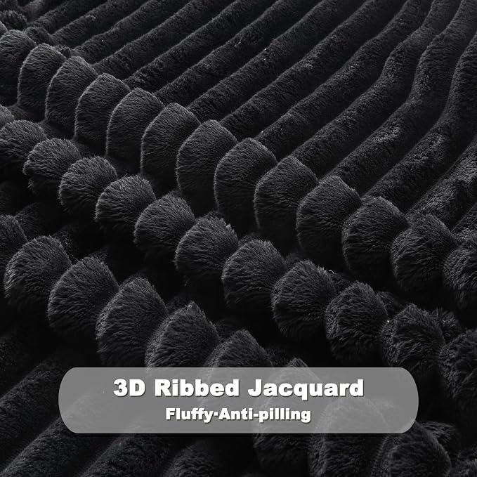 NEWCOSPLAY Fleece Ribbed Cozy Twin Blanket for Couch, Black, 60"x80" | Premium Silky Flannel Blanket, Soft Lightweight Fluffy Throw Blanket for Bed Sofa Decor, Gift for All Season Use