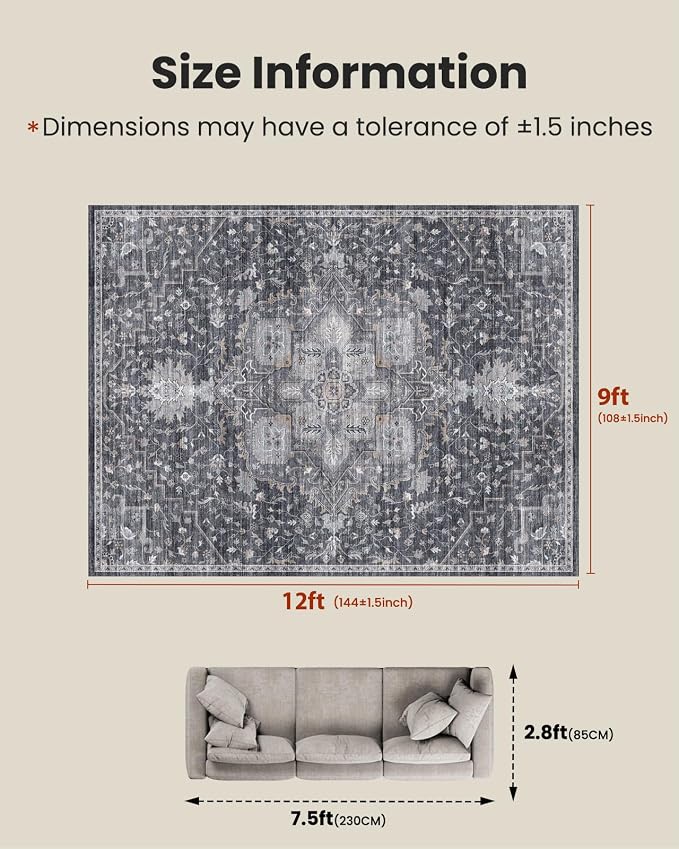AMADA HOMEFURNISHING 9x12 Washable Area Rug, Low-Profile Large Area Rug with Non-Slip Backing & Durable Edge Binding, Vintage Large Rugs for Living Room, Bedroom & Dining Room