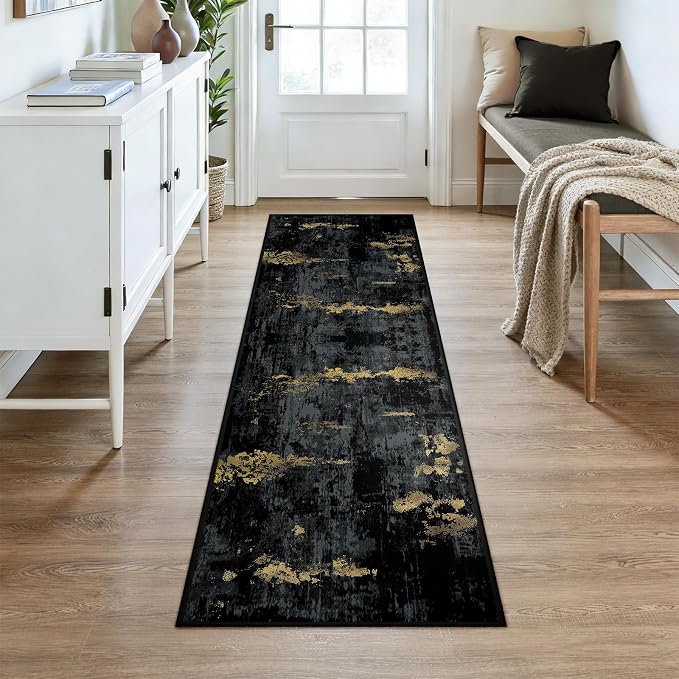 RELEANY Washable Runner 2'x7' Abstract Area Rug for Hallway Black Gold | Carpet for Kitchen, Entryway, Bathroom, Living Room, Bedroom, Printed Pattern, Non‑Slip, Soft, Stain‑Resistant, Easy to Clean