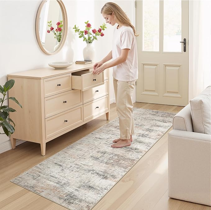 2X8 Area Rug for Hallways, Gold Abstract Washable Non-Slip Runner Rugs | Low Pile Runner Rugs, Soft Carpet for Kitchen Bathroom Bedroom Laundry, Stain Resistant Foldable Non-Shedding Distressed Rug