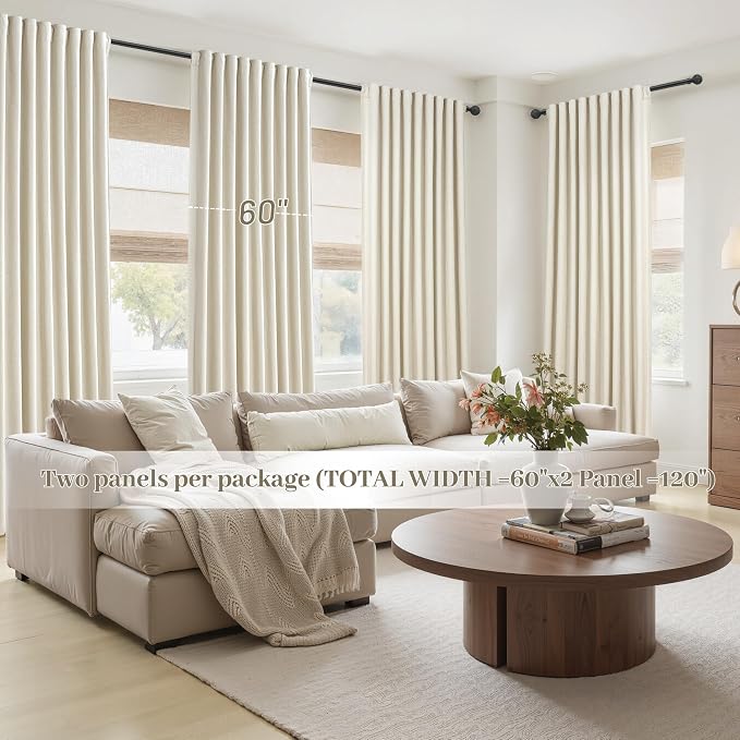 Cute Blackout Curtains 60 Inches Extra Wide Linen 108 Inch Length for Living Room/Sliding Glass Door,Pleated Heavy Duty Thermal Drapes for Winter Thick Large Window(60"Wx108"L 2 Panels Warm Cream)