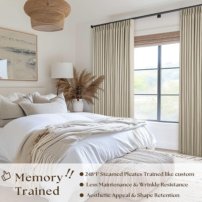 Extra Wide Burlywood Birch Pleated Blackout Linen 60 x 84 Inch Curtains | 100% Black Out, Memory Trained, Pinch Pleat with Back Tab, Noise Reducing, Thermal Insulated Neutral Window Drapes 1 Panel