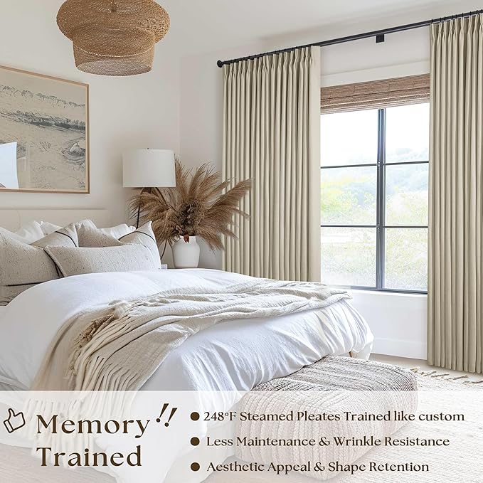 Burlywood Birch Pleated Blackout Linen 108 Inch Long Curtains 60 Inch Wide | 100% Black Out, Memory Trained, Pinch Pleat with Back Tab, Energy Efficient, Thermal Insulated Neutral Drape W60xL108 1 Panel