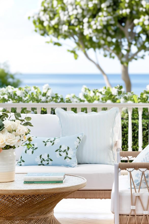 Hofdeco Premium Coastal Patio Indoor Outdoor Scalloped Throw Pillow Cover Only, 20"x20" Water Repellent for Backyard, Couch, Baby Blue Print Stripes