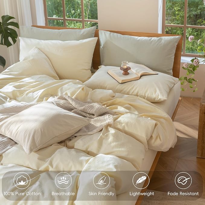 MooMee Duvet Cover Set 100% Washed Cotton Linen Like Oversized King | Relaxed Linen-like Texture. Soft, Breathable & Long-lasting Comfort. Lightweight. Hidden Zipper with 8 Interior Corner Ties