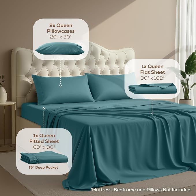 Queen Sheets Set, 4 Pieces 16" Deep Pocket Hotel Luxury Sheets, Denim Blue | Extra Soft Bedsheet Set, Comfy & Breathable Cooling Sheets, Wrinkle & Fade Resistant, Fitted Sheet, Flat Sheet, 2 Pillowcases