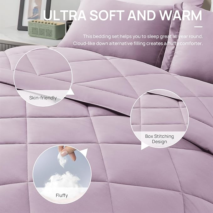 Love's cabin Twin XL Comforter Set Light Purple, 5 Pieces Twin XL Bed in a Bag, All Season Bedding Sets with 1 Comforter, 1 Flat Sheet, 1 Fitted Sheet, 1 Pillowcase and 1 Pillow Sham
