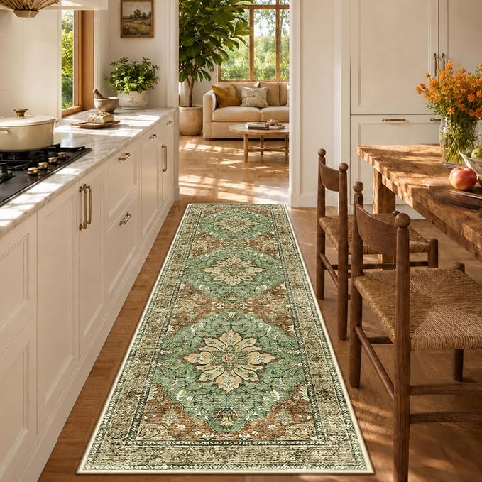 RELEANY Washable Area Rug, Runner 2'6"x8', Brick/Brown/Green | Non-Slip, Water Repellent, Pet Friendly, Easy to Clean, Vintage Floral Boho Decor for Kitchen Entry Bedroom Bedside Laundry
