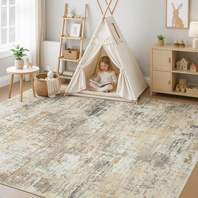 Rugflix 8x10 Area Rugs for Living Room, Washable Gold Beige Grey Large Rug | Machine Washable; Stain-Resistant; Low Pile; Non-Slip; Modern Abstract; Carpet for Bedroom Dining Office Nursery Home