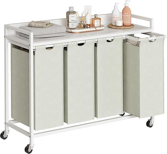 Herture Laundry Hampers with Shelf, Laundry Basket 4 Section, 4 x 15.87 Gal | Laundry Sorter with Pull-Out Removable Large 4 White Bags and Movable Wheels, Metal Frame, White PF07XLW