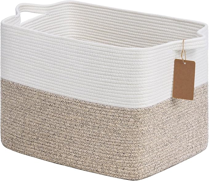 Goodpick 50L Large Woven Rope Storage Basket, Rectangle, Light Brown | 18" × 14" × 12" Stylish Gift Baskets for Living Room & Bedroom Organization, Cotton Rope Basket for Blanket & Toy Storage