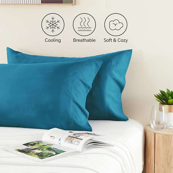 BEDELITE Pillow Cases Standard Size 2Pcs, Rayon Derived from Bamboo, Teal | Cooling and Breathable Pillow Cover for Hot Sleepers & Night Sweats, Silky Soft Cozy, Envelope Closure, 20"x26"