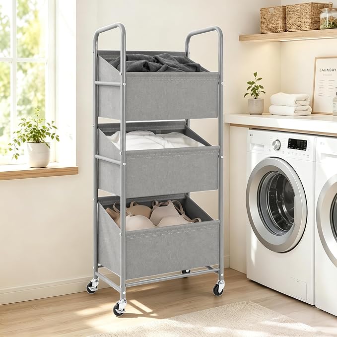 STO STO 3-Tier Vertical Rolling Laundry Hamper, Removable Bags, Gray Faric | 120L Capacity, Space-Saving Vertical Design, Rust-Resistant Steel Frame, Lockable Wheels, Ideal for Apartments & Small Spaces