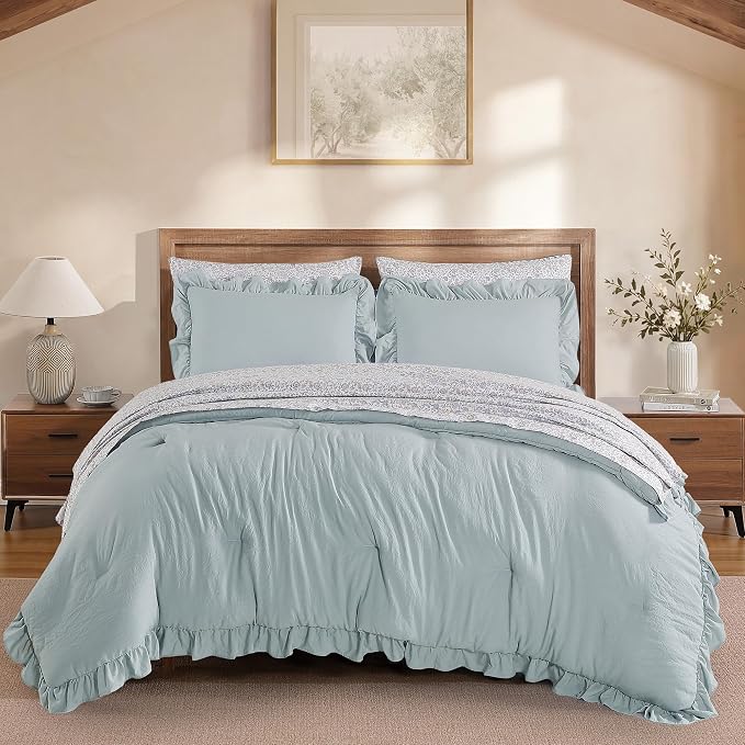 Full Size Comforter Sets-7 Pieces Ruffle Bedding Floral Sheet | Blue Vine Bed in a Bag, Soft Lightweight All Season Farmhouse Full Size Bedding Sets with Floral Sheets, Pillowcases & Shams
