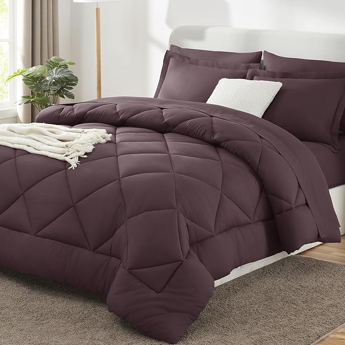 Oversized King Comforter Set Cocoa Powder - 7 Pieces Bed in a Bag | OEKO-TEX Certified, All Season, 240GSM Down-Alternative Comforter, Sheets, Pillowcases & Shams, 14" Deep Pocket, Easy Care