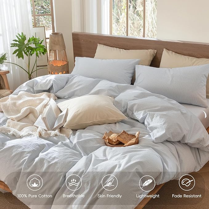 MooMee Striped Duvet Cover Set 100% Washed Cotton Linen Like Super King | Relaxed Linen-like Texture. Soft, Breathable & Long-lasting Comfort. Lightweight. Hidden Zipper with 8 Interior Corner Ties