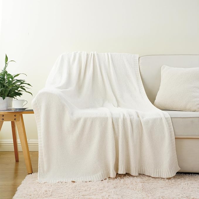 Chenille Throw Blanket for Couch, Knit Throw Blanket 51"x67", Ivory White | Shiny White Chenille Blanket, Neutral Throw Blanket, Soft Midweight Knitted Blanket for Sofa Bed Home Decor