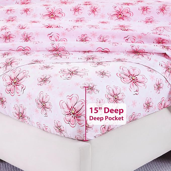 Softan Pink Floral Full Sheet Set, Cozy Printed Microfiber Bed Fitted Sheets with 15" Deep Pocket & Non-Slip Corner Straps, Girls Cherry Blossom Flower Patterned Double Sheets & Pillowcase Set