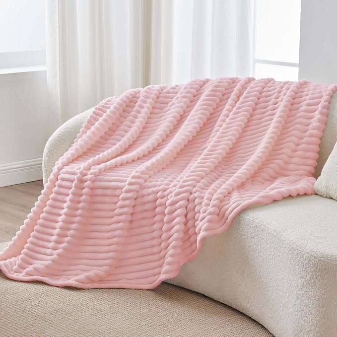 BEDELITE Throw Blanket for Couch - 300GSM Soft & Warm Fluffy Pink Blanket, Decorative and Giftable Striped Blankets for Women, Men, 50"x70" | Ultra-Soft Plush Fleece, Warm Yet Lightweight, Ribbed Texture, Home Decor, Machine Washable, Giftable, All-Sea...