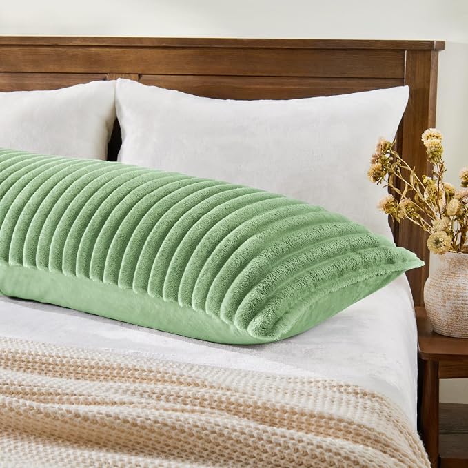 BEDELITE Fluffy Striped Body Pillow Cover with Zipper, Green, 20x54 | Ultra-soft Faux Fur with 9D Striped Texture, Comfy, Plush, and Cloud-like, Body Pillow Pillowcase for Bed Couch Room Decor