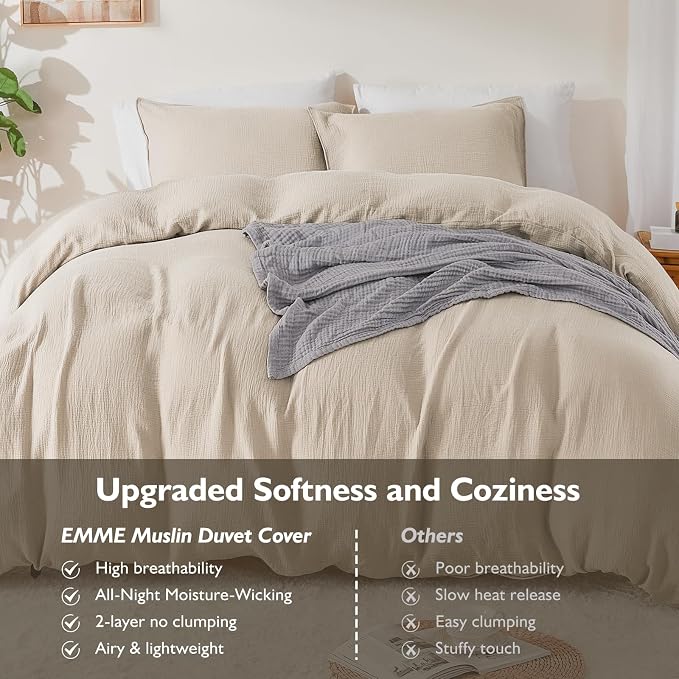EMME Muslin Cotton Duvet Cover Set Twin Size Linen Like Soft Breathable Lightweight Summer Comforter Cover Set with Zipper Closure (Twin, 68"x90")