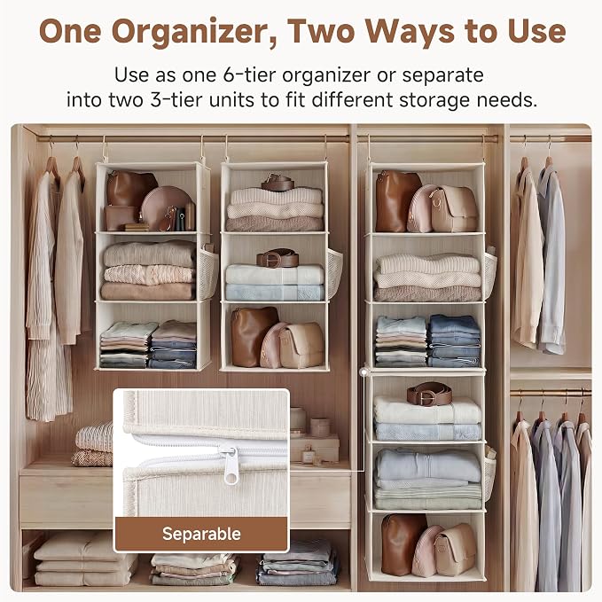 StorageWorks Hanging Closet Organizer, 6-Shelf with 2-in-1 Design, Ivory | Maximize Closet Space with Reinforced Shelves, Small Closet Storage Solution for Bedrooms, Dorms and RVs