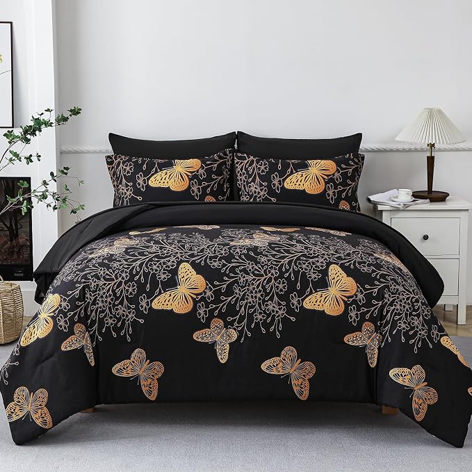 Yogeneg 7 Piece Bed in a Bag Queen Size Comforter Set Black Bedding Set,Gold Butterfly Leaves Printed on Black Reversible Design,Soft Microfiber Comforter with Sheet Set,All Season(Butterfly,Queen)