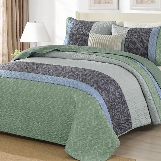 Cottolester Boho Queen Quilt Set,Grey Green Summer Striped Bedspreads Set | Lightweight Summer Coverlets Set with 2 PillowShams,All Seasons Microfiber Quilt Bedding Sets for Bedroom Guest Room 96"x90"