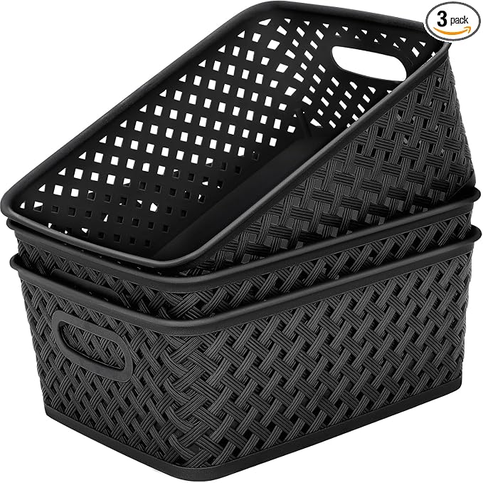 MaxGear 3 Pack Plastic Storage Baskets, Large, Black | Durable Woven Plastic with Built-In Handles, Suitable for Shelves, Closets, Cabinets, Bathrooms and Offices