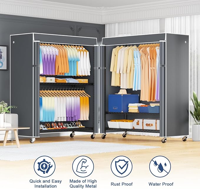 P8C Max Heavy Duty Clothes Rack（With Extended Width Design） Rolling Clothing Racks for Hanging Clothes with Lockable Wheels，51.2" W x 15.8" D x 80.5" H，Load 800LBS，Black Rack with Grey Cover